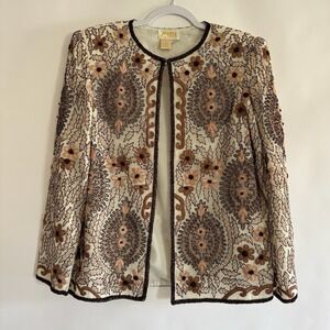 jasjas Designs Womens‎ 100% Silk Embroidered Beaded Floral Coat Medium Jacket